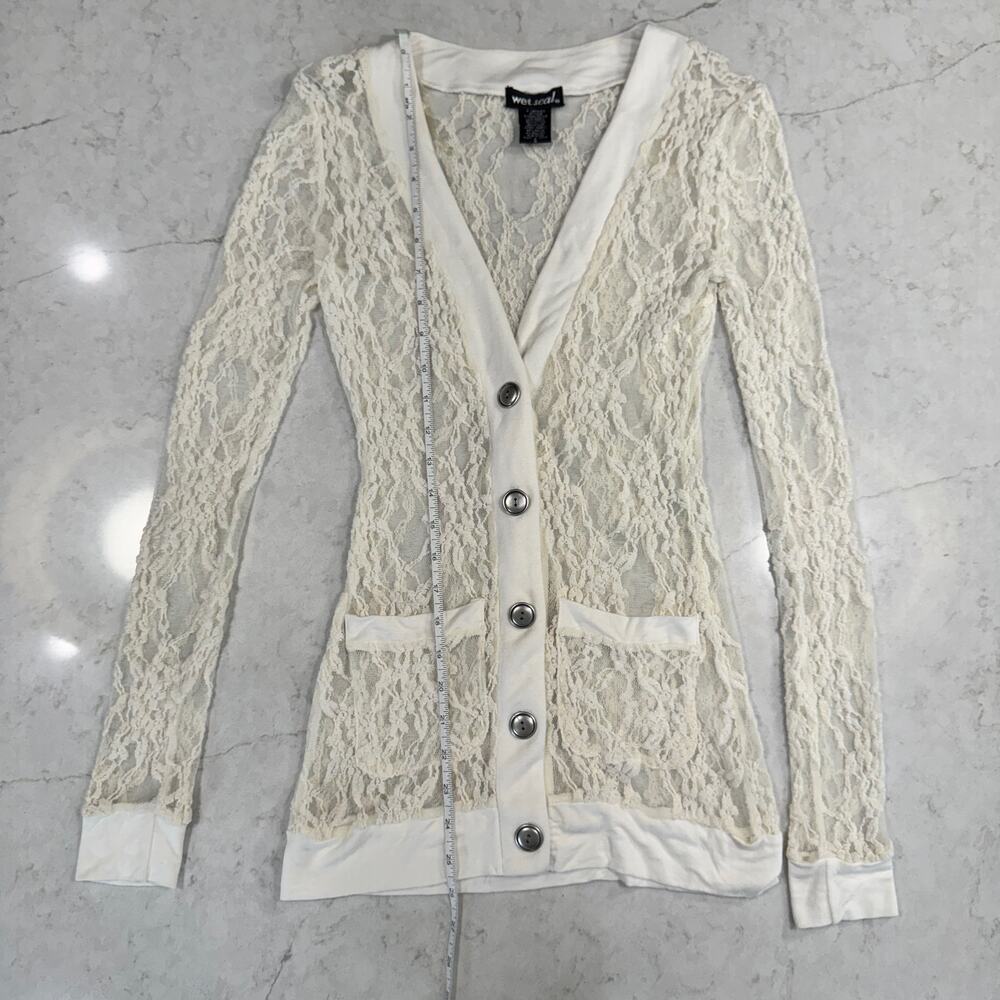 Wet Seal Cream Lace Button Cardigan Sheer Floral Long Sleeve Women’s Small Y2K - Picture 6 of 13
